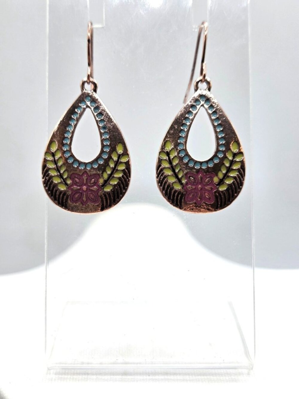Boho-Inspired Teardrop Earrings With Floral & Leaf Enamel Design Copper-Toned Ho